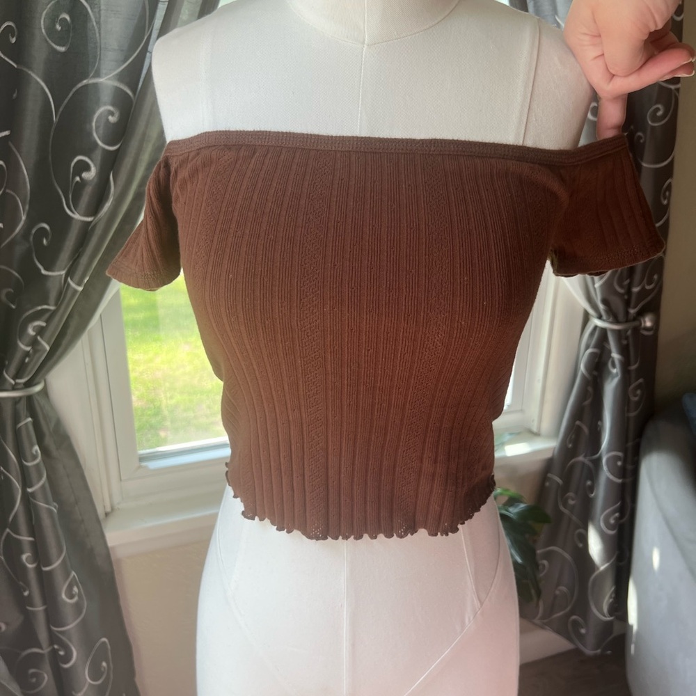 Aeropostale Brown Ribbed Off-Shoulder Crop Top